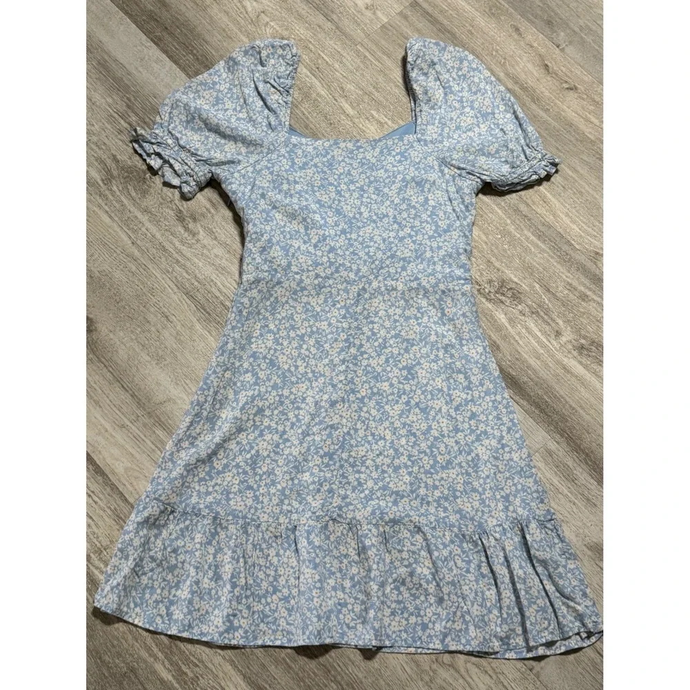 No Boundaries Blue Floral Print Mini Dress Ruched Front Short Puff Sleeve S‎